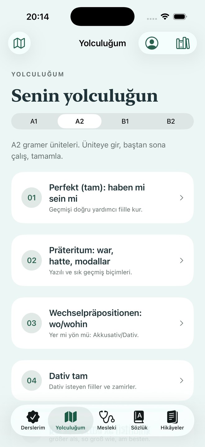 Furbek karşılama ekranı: Türkçe anlatımlı Almanca, seviye seçimi